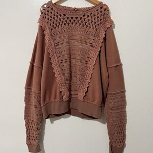 Free People Crochet All Day Pullover Sweater Rose Pink Open Back Boho Large